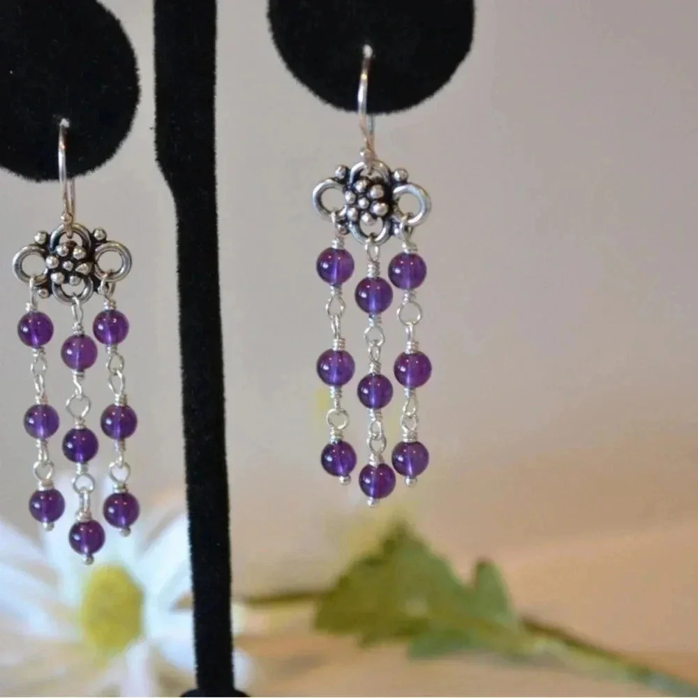 Amethyst Dangle Earrings, Sterling and Bali Silver, Natural Amethyst Gemstones